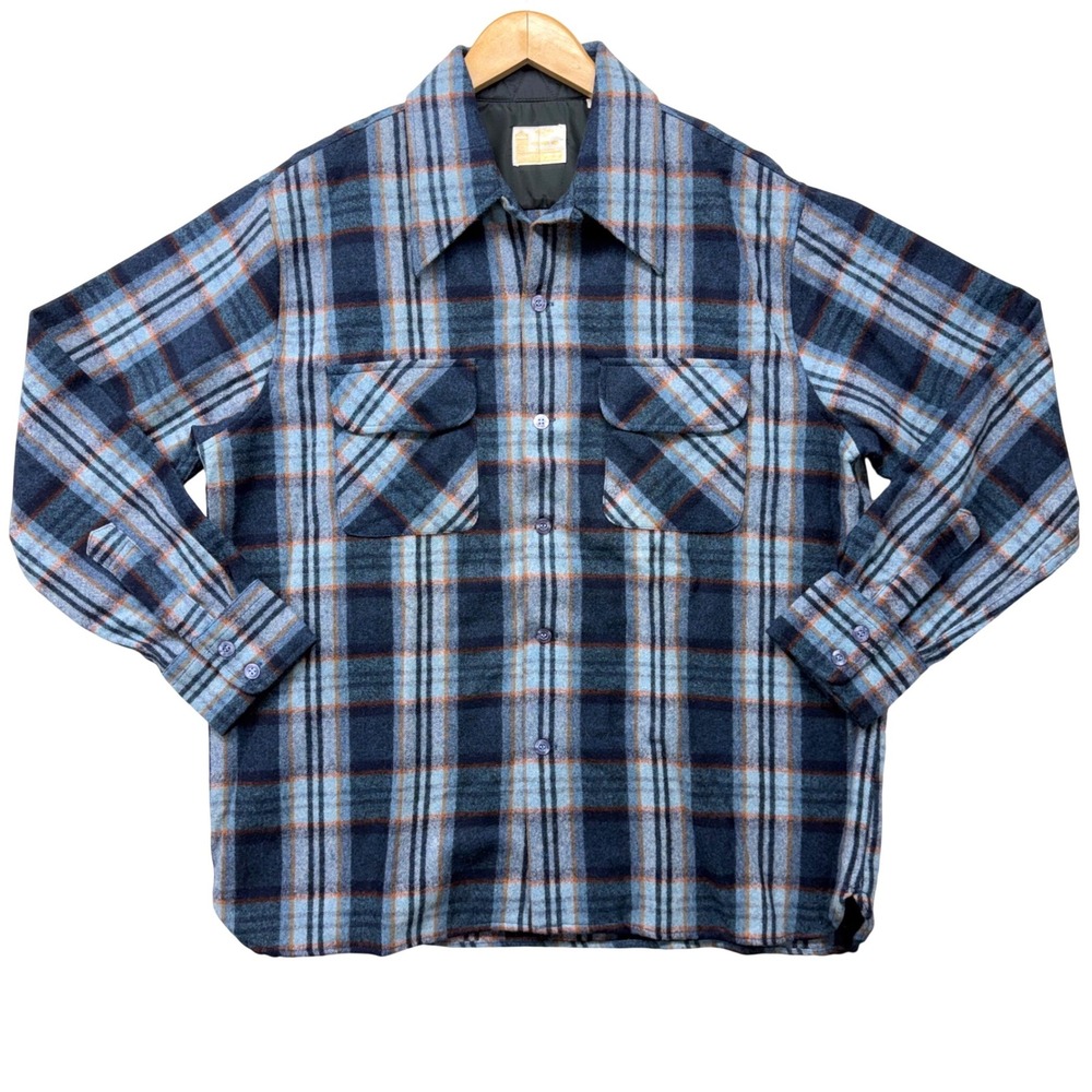 Vintage Kings Road Shop Sears Men Blue Plaid 100% Virgin Wool Flannel Shirt L